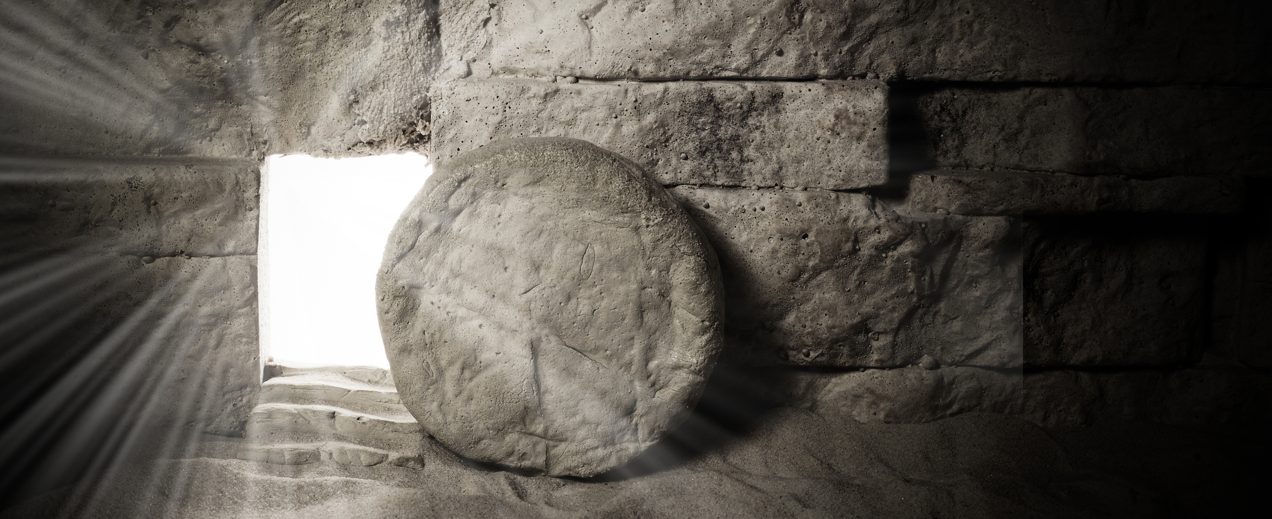 Opened Tomb With A Rock. Christian Easter Concept